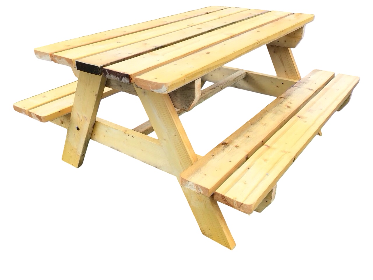 A garden bench table with rectangular plank top on angled supports flanked by integral batten seats.