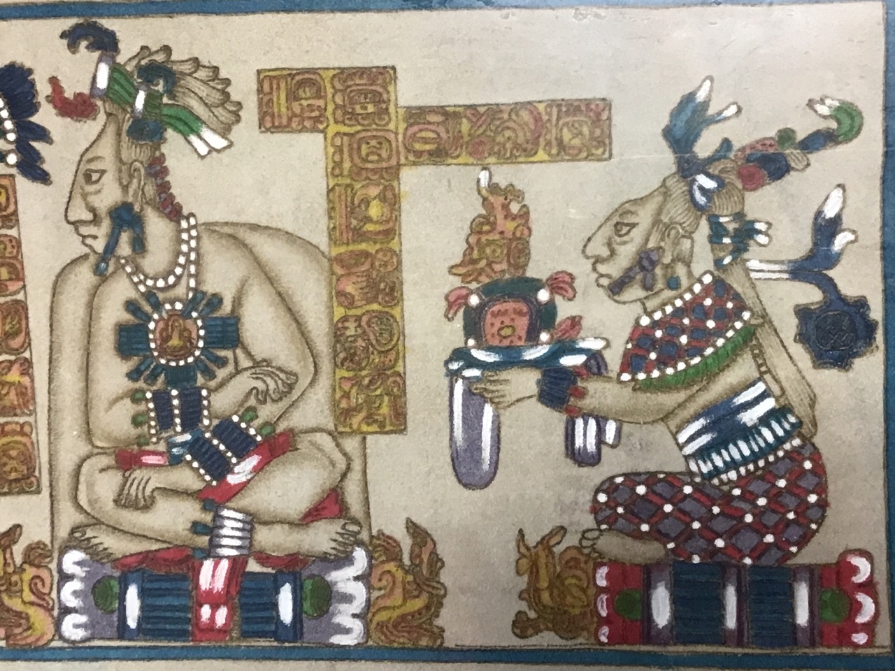 A painted leather Aztec scene of seated figures offering gifts to the emperor, mounted & gilt - Bild 3 aus 3