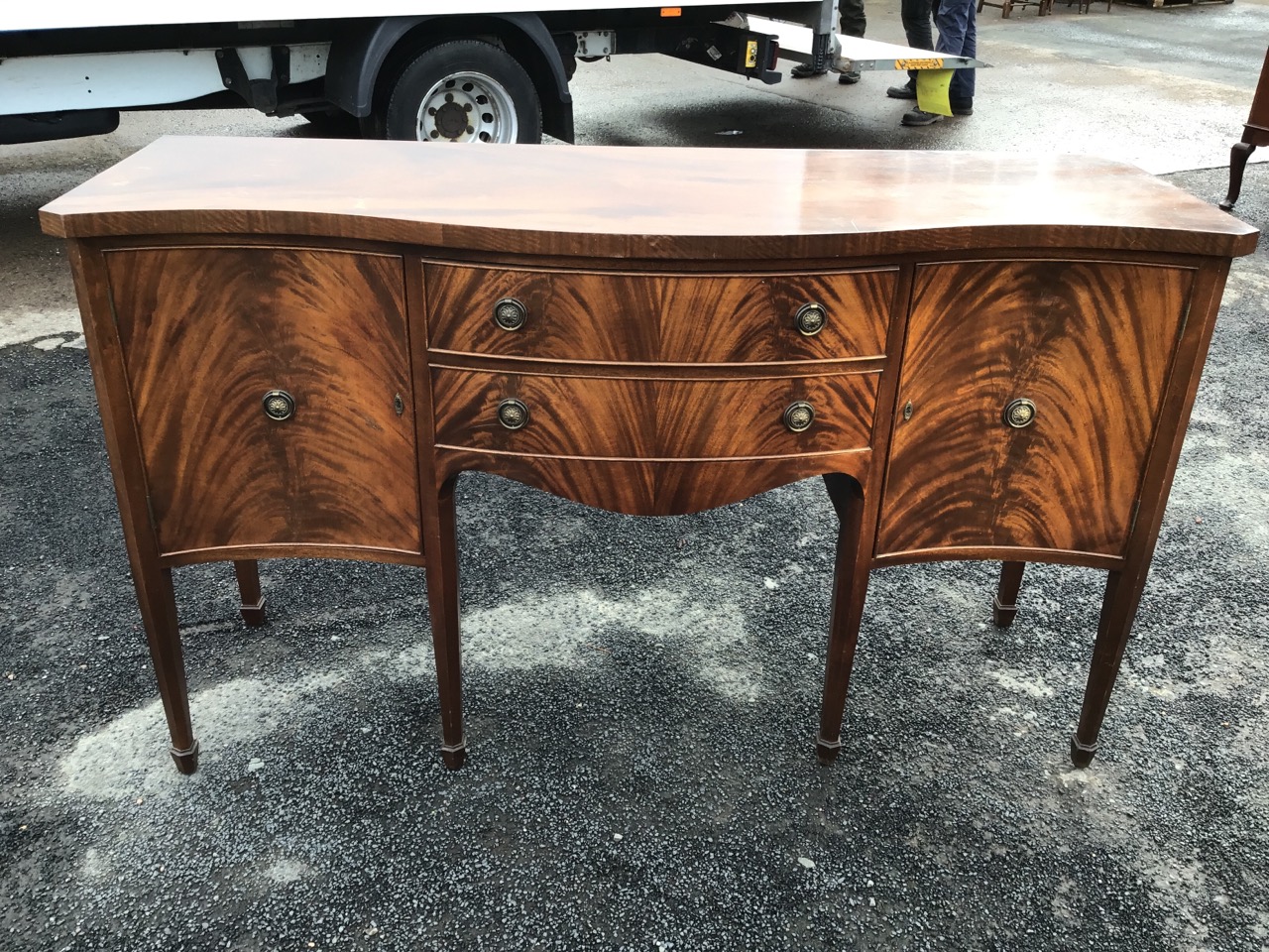 A Georgian style mahogany sideboard, the serpentine fronted top above two central bowfronted drawers - Image 2 of 3