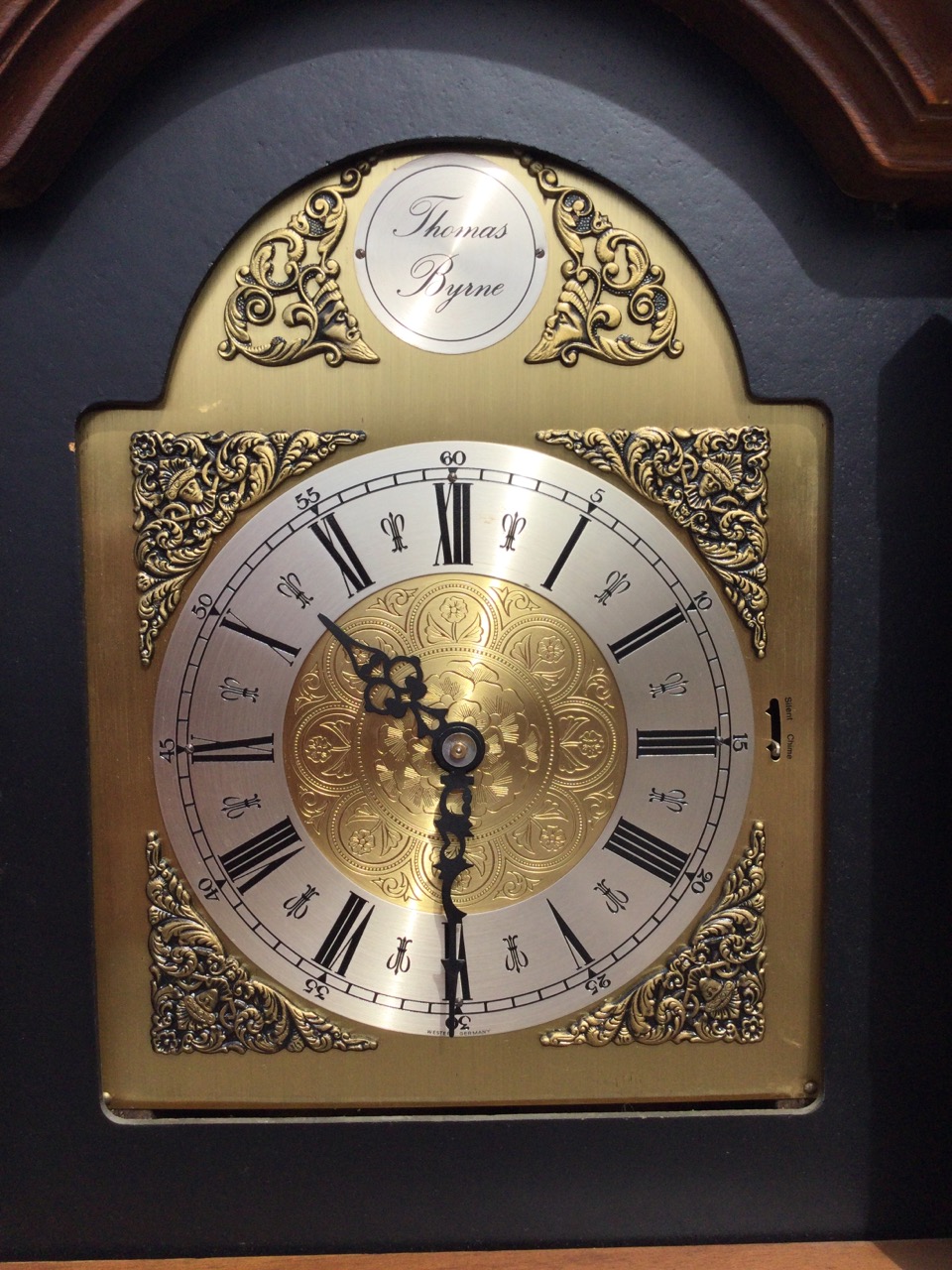 A Georgian style yew longcase clock by Thomas Byrne with arched cornice and brass dial with silvered - Image 2 of 3