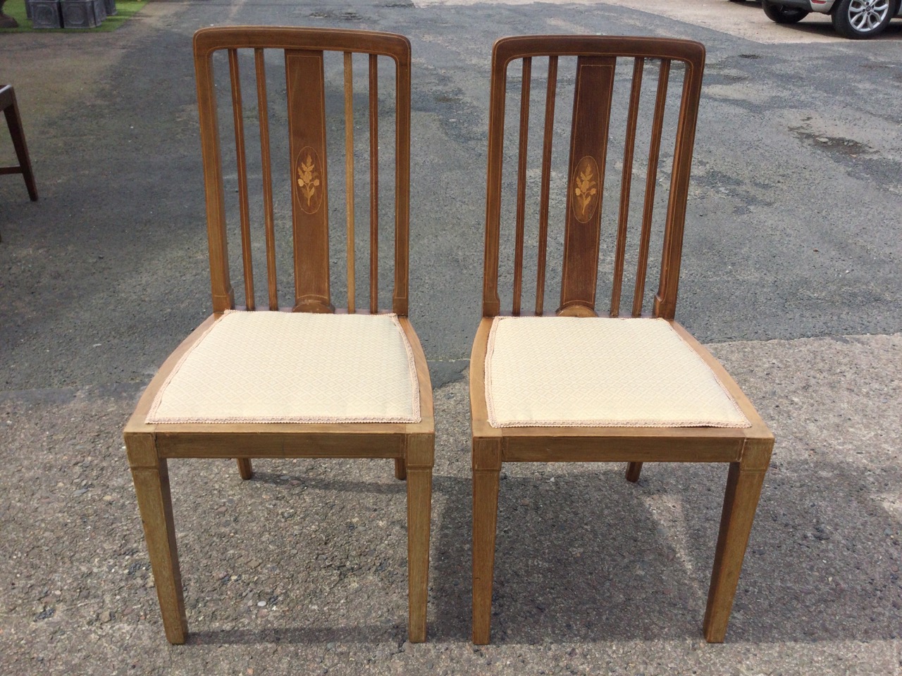 A pair of Edwardian mahogany chairs with rectangular boxwood strung slatted backs and floral - Image 2 of 3