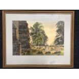 Peter J Clarke, watercolour, a churchyard with trees in evening sunlight, signed & dated,