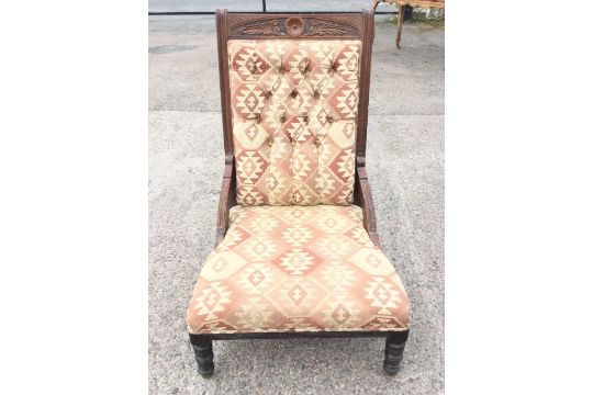 An Edwardian mahogany upholstered chair with foliate carved crestrail and rectangular buttoned - Image 2 of 3