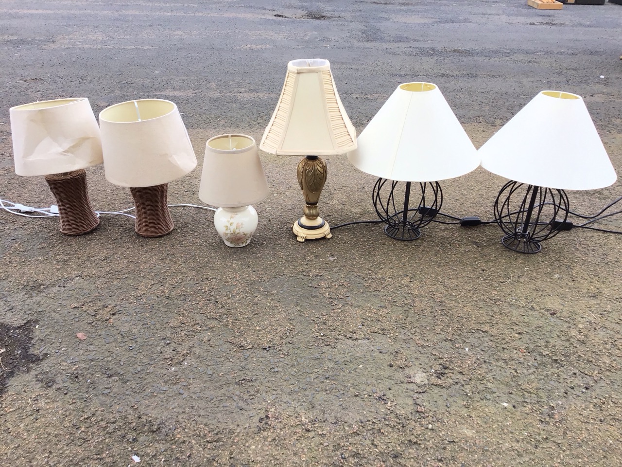 Miscellaneous tablelamps with shades - a pair with cane style bases, a pair wirework, an - Image 3 of 3