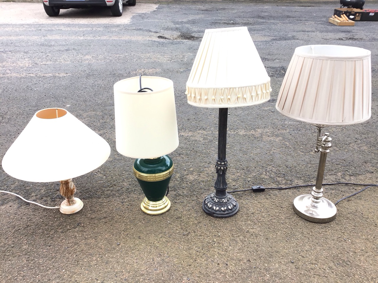 Miscellaneous tablelamps with shades - a pair with cane style bases, a pair wirework, an - Image 2 of 3