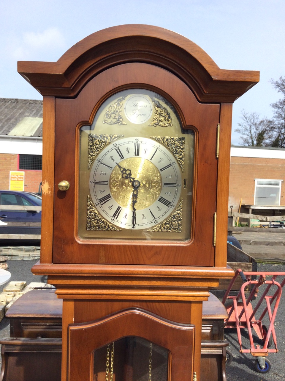 A Georgian style yew longcase clock by Thomas Byrne with arched cornice and brass dial with silvered - Image 3 of 3