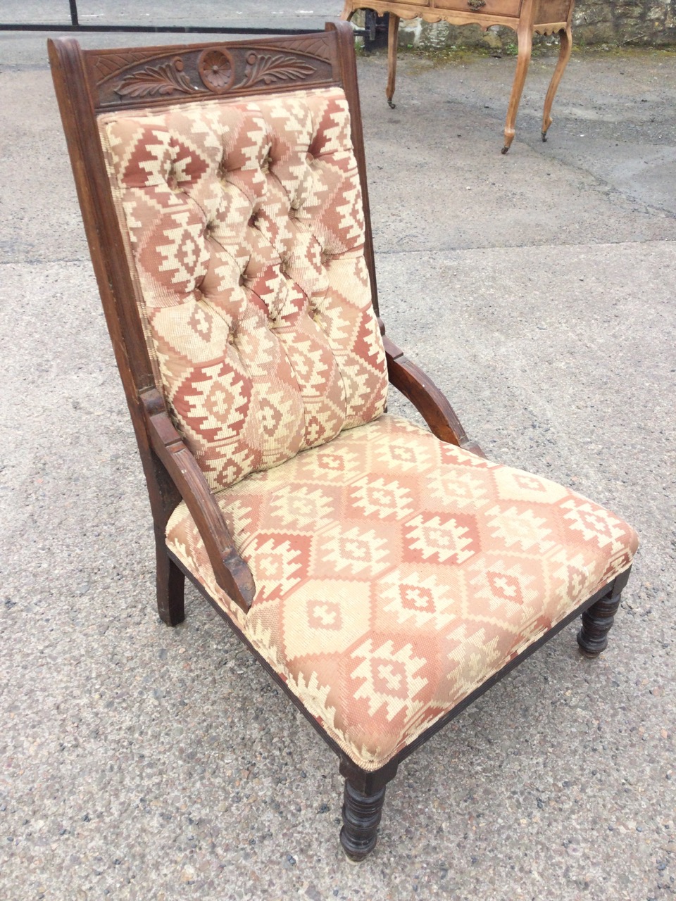 An Edwardian mahogany upholstered chair with foliate carved crestrail and rectangular buttoned - Image 3 of 3