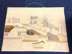 Mixed technique natural fibre tapestry wall hanging depicting boats in a harbour with cottages and a