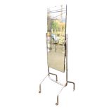 A modern rectangular cheval mirror on a chromed tubular stand with castors. (67.5in)
