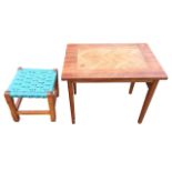 A rectangular mahogany coffee table with inlaid oak parquetry panel to top; and a square beech stool