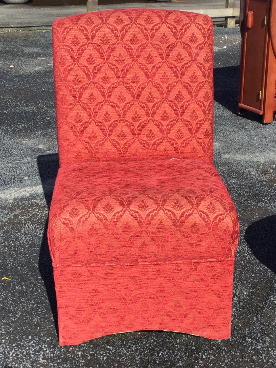 A chenille upholstered bedroom chair with rectangular back and seat raised on base with arched - Image 2 of 3