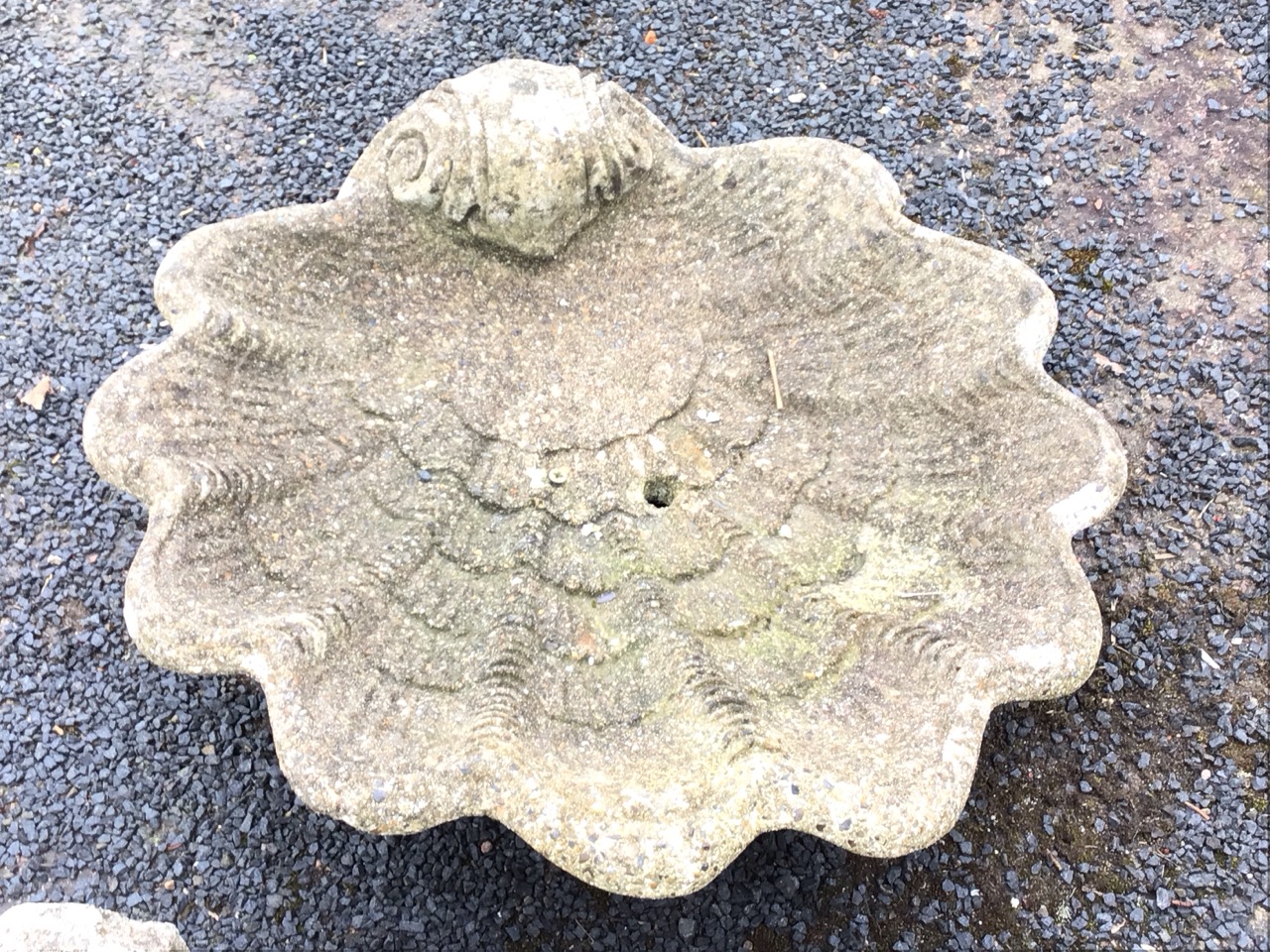 A composition stone birdbath with shell cast scalloped bowl on baluster column above square plinth - - Image 3 of 3