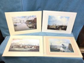 A set of four coloured prints of London bridges - the Pool of London after Gordon Ellis, London