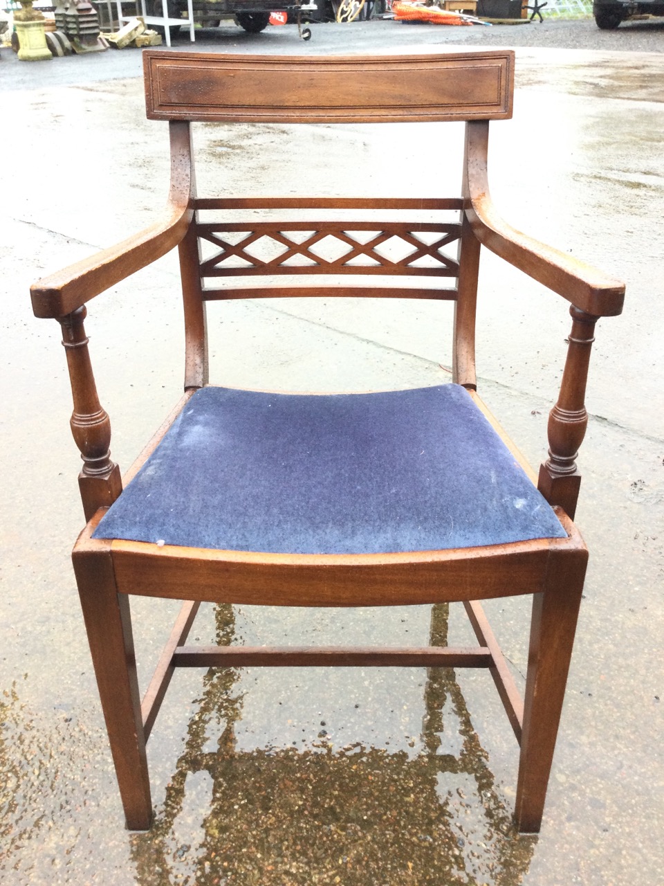 A mahogany regency style armchair with moulded tablet back and pierced lattice rail above a - Bild 2 aus 3