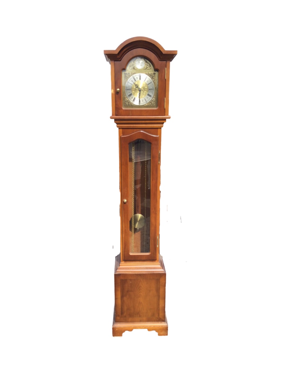 A Georgian style yew longcase clock by Thomas Byrne with arched cornice and brass dial with silvered