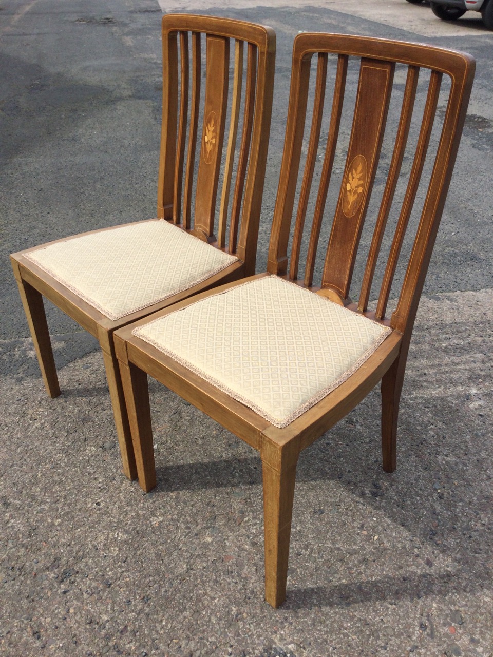 A pair of Edwardian mahogany chairs with rectangular boxwood strung slatted backs and floral - Image 3 of 3