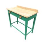 A pine side table having rectangular moulded top above a painted base with long knobbed drawer,