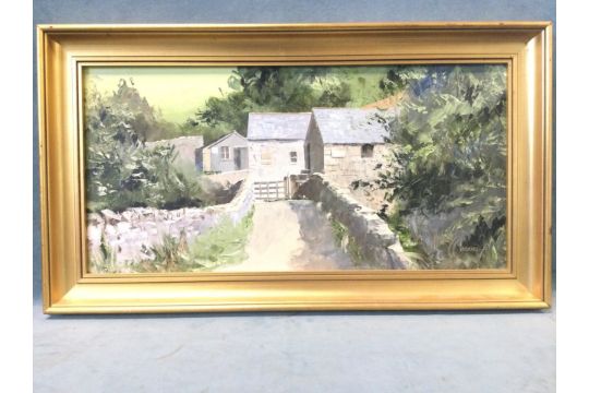 Harley Crossley, oil on board, study of a building over bridge, titled to verso Eskdale Cornmill - Image 1 of 3