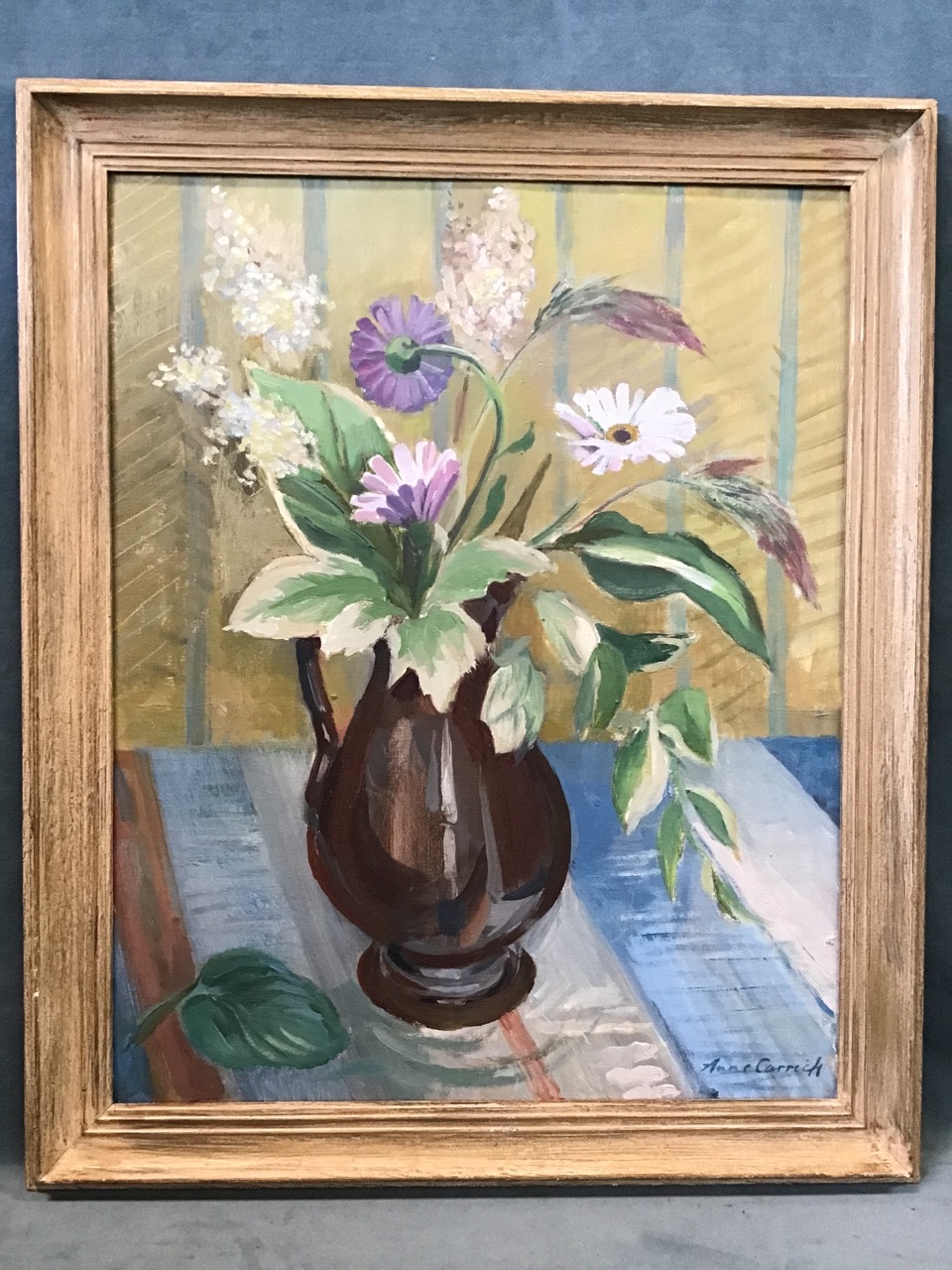 Anne Carrick, oil on canvasboard, still life of dimorpotheca flowers in a jug, signed & framed. (