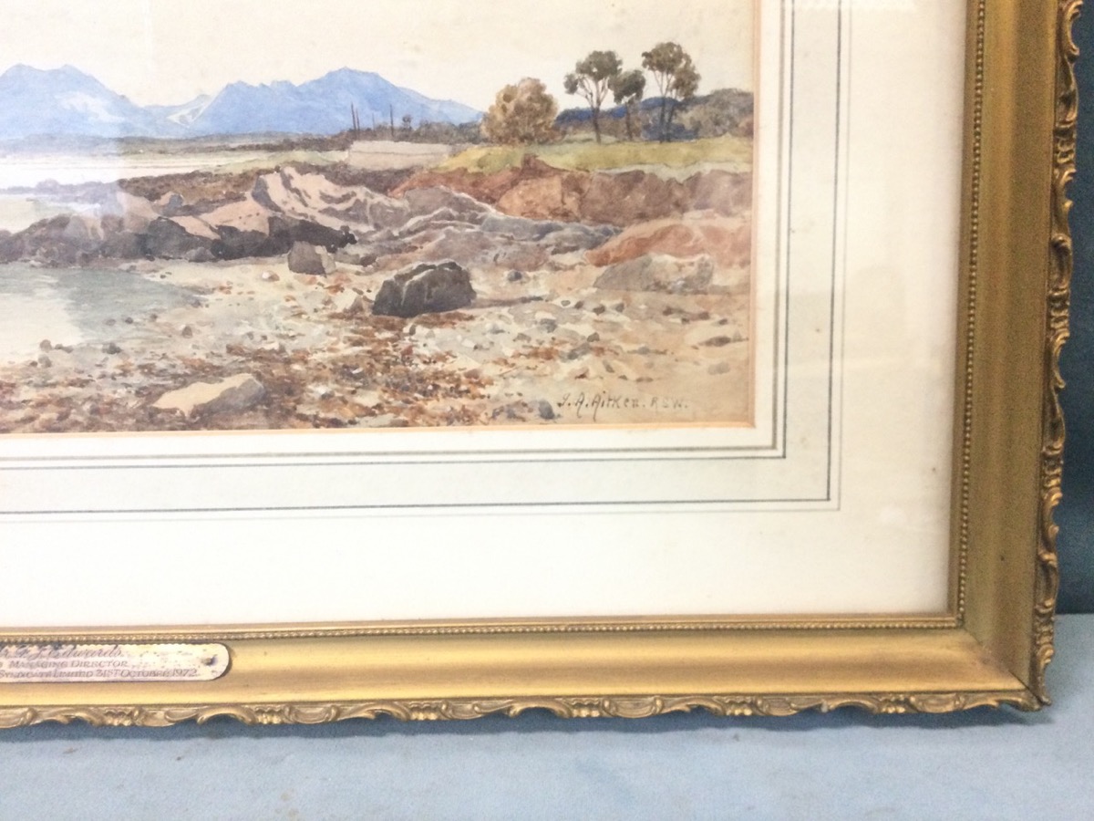 JA Aitken, watercolour, Scottish estuary view with sailing boats, signed, titled to gallery label - Image 3 of 3