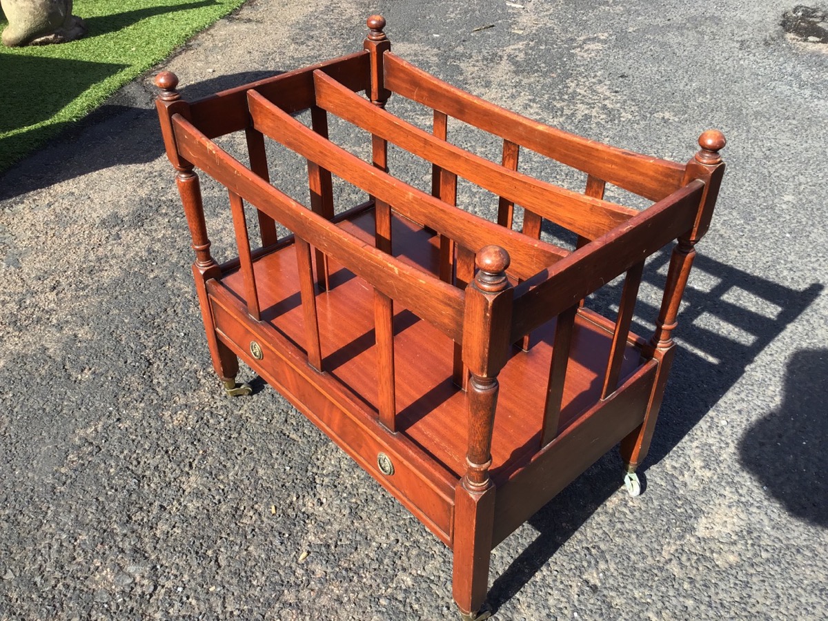 A reproduction mahogany canterbury with three divisions framed by slats having turned cornerposts - Image 2 of 3