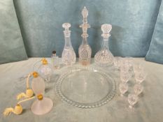 Miscellaneous glass - a Victorian cut decanter, two modern decanters, sherry and liqueur glasses,