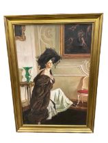 After Valentin Serov, oil on canvas, portrait of Princess Orlova, 96 x 50cm, framed