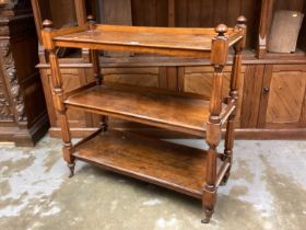 Victorian oak three tier buffet trolley with reeded colomn. Supports on castors 106 cm wide