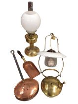 Brass oil lamp with glass shade, brass hanging lamp with enamel shade, together with a small copper