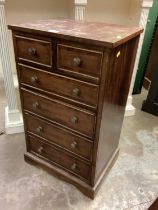 Old narrow mahogany nest of six drawers with brass handles 47cm wide, 80cm high, 37cm deep