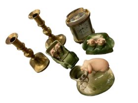 Various items - clock candlesticks, pigs