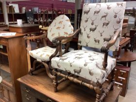 Edwardian X framed elbow chair with fox decorated upholstery, similar Carolean revival elbow chair a