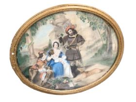 19th century Continental School, pastel, Italianate family with their dog, in oval frame