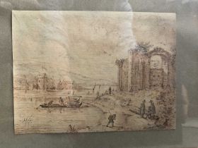 18th century pen and wash landscape, together with a French WW1 poster and an etching of the Sphinx