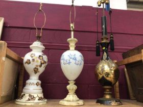 Three Victorian style glass table lamps with painted decoration (3)