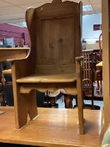 Old pine wainscot chair with panelled back and solid seat