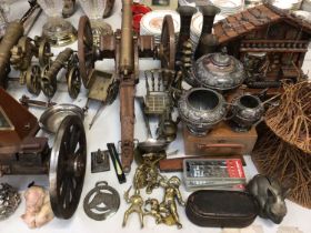 Group of brass and wooden model cannons, cuckoo clock, silver plated tea set, other metal ware and s