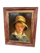 Victorian style oil on canvas portrait of a boy in a hat, 30 x 41cm, framed