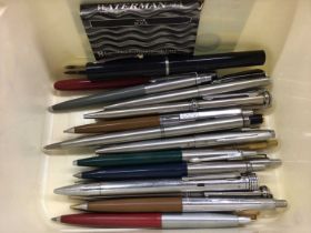 Collection of various pens, mostly Parker