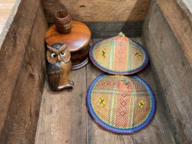 Dyak hats, together with a carved wood clock and other items