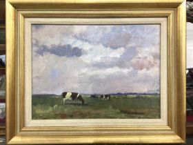 K. B. Thompson acrylic on board - Cows on the Marshes, Suffolk '83, in gilt frame 41cm x 51cm overal