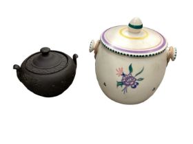 Poole pottery biscuit barrel and cover, Wedgwood black basalt sugar bowl and cover, collectors plate