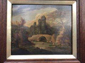 English School, oil on panel - river landscape with a fisherman near a stone bridge