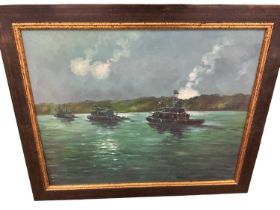 Two modern oil on canvas paintings of river warfare, each 41 x 50cm, framed