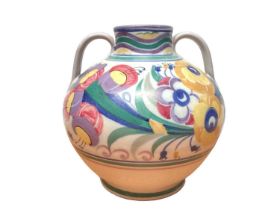 Poole Carter Stabler Adams pottery twin handled vase with polychrome painted floral decoration, 17.5