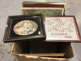 Collection of assorted pictures and prints to include two early 20th century samplers (1 box)