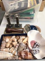 Collection of shells, geode slices, pair of silver plated candlesticks, vintage pipe in case and a g