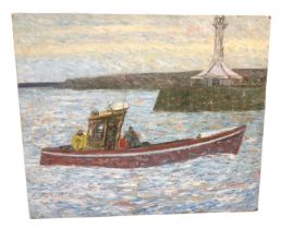 John Reay, East Anglian School, oil on board - a fishing boat entering harbour