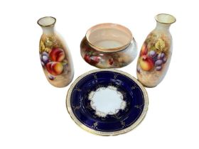 Pair of Royal Worcester porcelain vases, bowl and plate