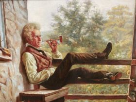 19th century style oil on canvas depicting an man with pipe, 43 x 53cm, framed